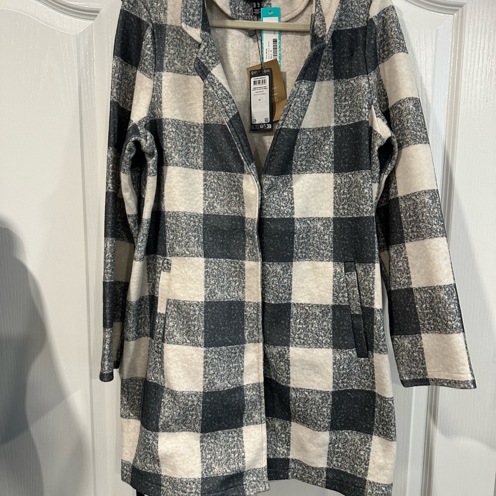Plaid Trench Coat in Black and Cream